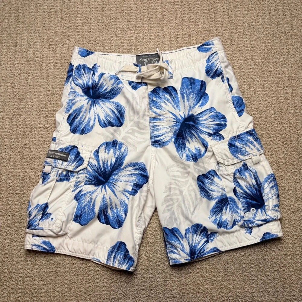 Y2K Abercrombie & Fitch Mens M Blue White Hibiscus Floral Cargo Board Shorts